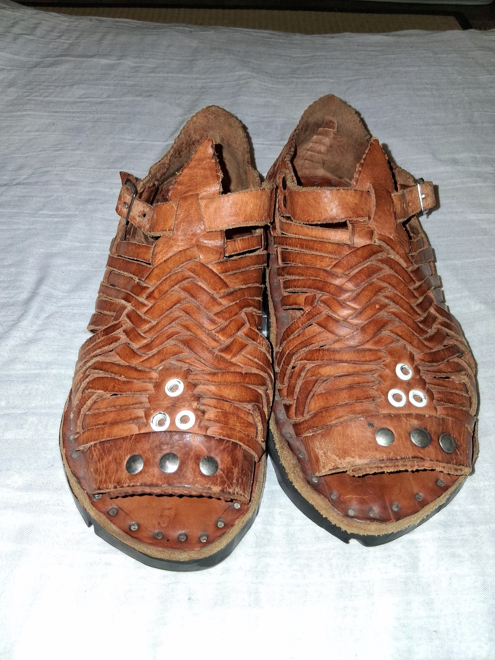 Brown Woven Leather Sandals with Studs Upcycled Vtg